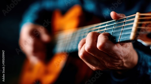 In this artistic close-up, hands skillfully strum an acoustic guitar, creating a sense of connection through music, highlighting the passion that musicians share in their art form.