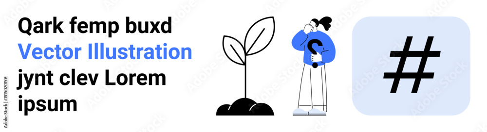 Fototapeta premium Woman holding watering can next to sprouting plant and metadata tag icon. Ideal for growth, sustainability, social media, creativity, environmental care, innovation, simple landing page