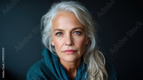 This image features a thoughtful senior woman gazing into the distance, her silver hair framing her face, embodying wisdom and introspection in a moody environment.