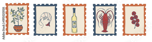 Retro stamp style elements inspired by Mediterranean food culture. Ideal for labels, posters, packaging and creative layouts.