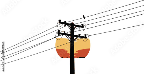 Bird perched on utility pole wire silhouette with sunset graphic