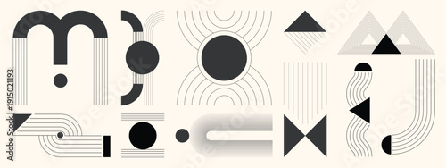 Hand drawn abstract minimal element mid century vector set. Aesthetic contemporary stripe line art, geometric shape in monochrome. Art form design for wall art, decoration, wallpaper.