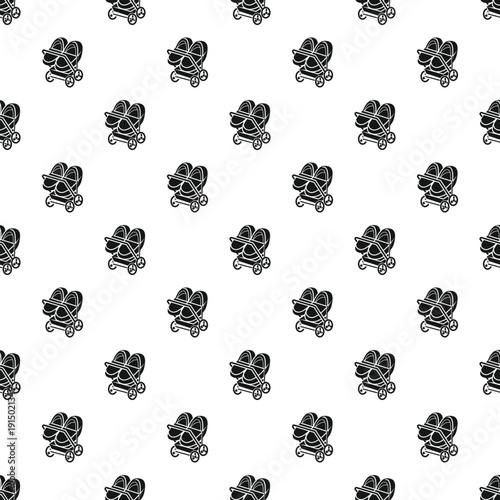 Seamless pattern featuring multiple black twin strollers arranged on a white background