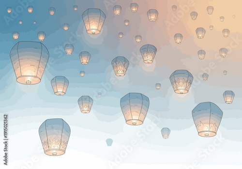 Many Lanterns Floating in Air.