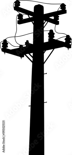 Complex power distribution pole silhouette with multiple insulators and wires