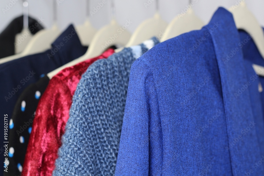 Obraz premium Wardrobe female woman's clothes dresses costumes collection blue and red colors set hanging on the rail photo