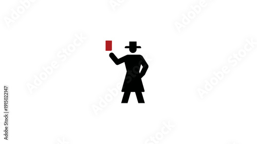 Simplified illustration of a person in a hat, holding a red rectangular object