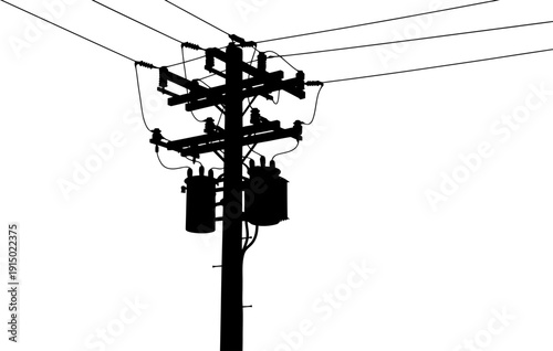 Heavy duty utility pole silhouette with dual transformers and wiring