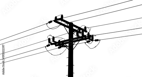 High angle utility pole silhouette with complex wiring and transformers