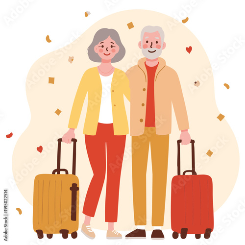 Elderly couple smiling and holding luggage for traveling adventure. Elderly set