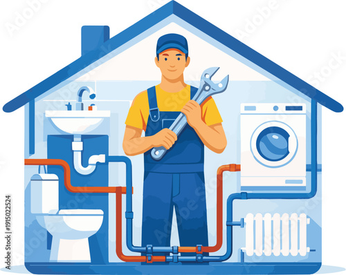 Home Plumbing System Repair with Giant Wrench Concept