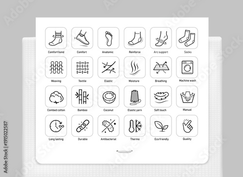 Socks icon sheet. Set for package, shows user instruction, main benefits. The outline icons are well scalable and editable. EPS10.	