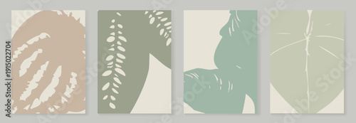 Abstract botanical wall art vector set with beige, sage, mint and brown leaf silhouettes on cream background. Minimal decor prints for living room, bedroom, office and gallery.