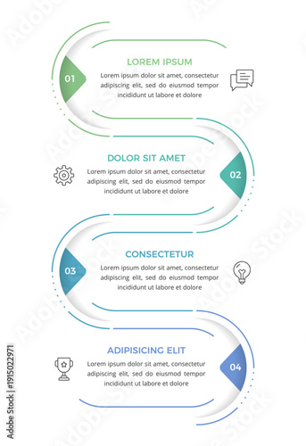 Modern infographic template with four curved steps, numbered sections, icons and text blocks
