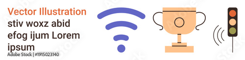 Technology, communication, achievement, success, competition, signal strength. A blue wireless icon, trophy and traffic light graphics. Technology and communication concepts illustrated