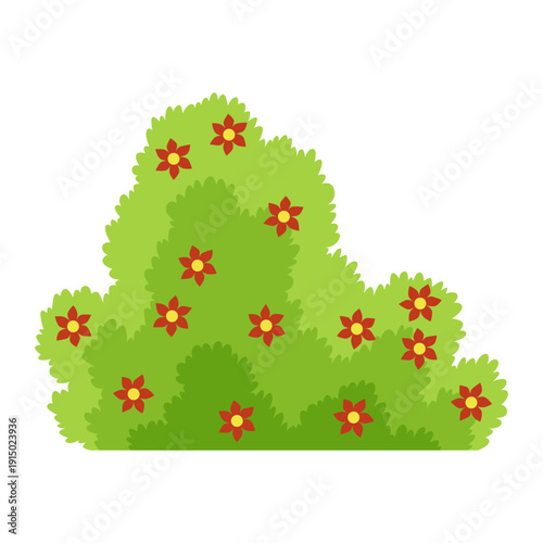 Bush with flowers icon. Cartoon forest and park shrubbery with floral elements. Landscape scene create element. Vector cartoon illustration