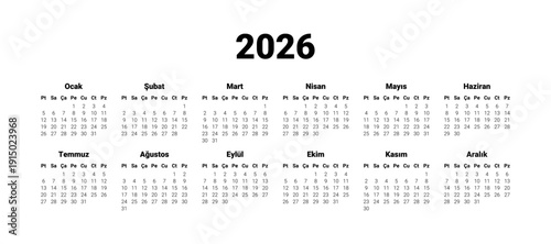 Turkish 2026 calendar. Vector illustration design template start from monday. Full months for wall calendar. isolated wall background.