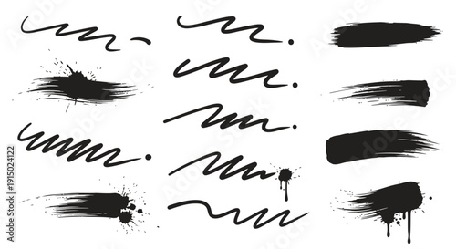 Collection of black ink brush strokes and splatters isolated on transparent background