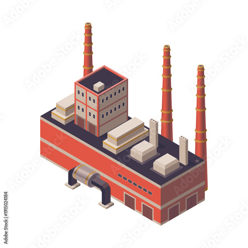 Isometric factory. Concept of industrial plant with chimney tower or pipes. Industrial bulding. 3d isolated icon. Architecture of manufacture house