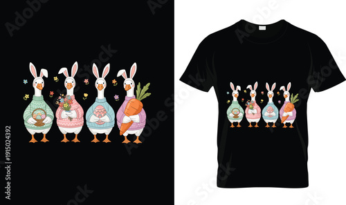 Cute Easter Goose Family T-Shirt Design | Adorable bunny ear geese holding eggs flowers and carrot tshirt vector illustration logo for family apparel, soft pastel typography Easter holiday graphic t-s