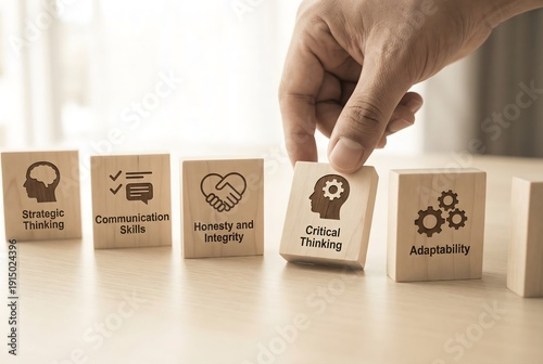 Hand placing wooden block labeled critical thinking among blocks with skills and values
