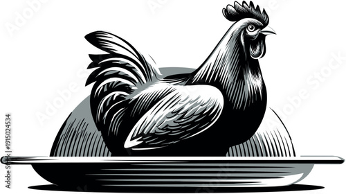 A stylized illustration features a rooster on a platter, showcasing graphic contrasts with grayscale