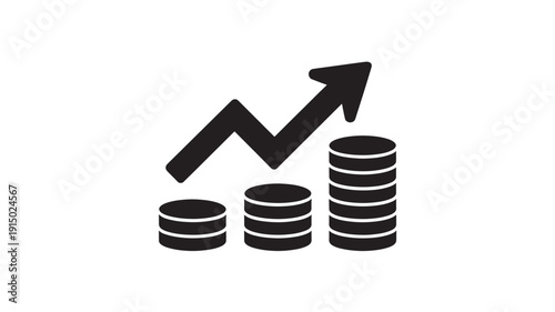 Growing Coin Stacks in Simple Monochrome Design with Increasing Trend Arrow for Financial Growth Illustration