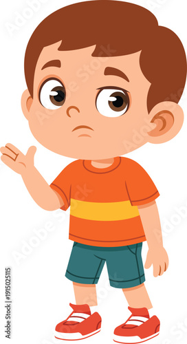 Flat cartoon boy with one half closed eye and open hand gesture showing a skeptical expression. Ideal for emotion charts, kids education materials, posters, and sticker design.