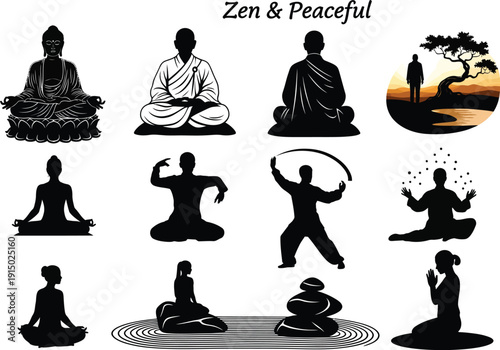 Zen and Peaceful Meditations: Silhouettes of diverse figures practicing yoga, tai chi, and meditation in serene settings.