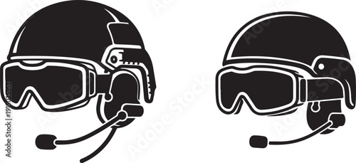 Two black and white illustrations depict vintage pilot helmets with attached goggles and microphones