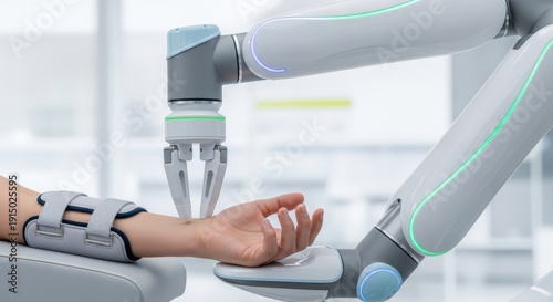 A close-up shot of a sophisticated medical robotic arm gently assisting an individual's forearm during rehabilitation therapy in a bright hospital room, recovery, restoration, patient care