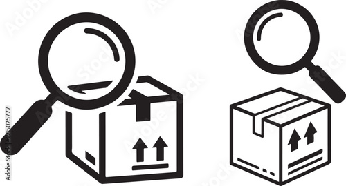 Two magnifying glasses examine cardboard boxes with upward pointing arrows suggesting inspection high quality