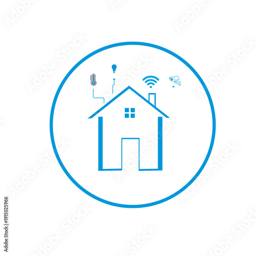  Smart home automation system logo with house icon and technology symbols for real estate and modern living.
