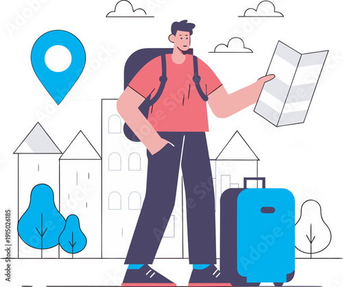 Male backpacker exploring city with map and suitcase flat vector travel illustration