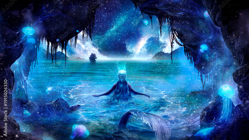 Fototapeta premium The ice queen of the mermaids swims in a cave by the pier, freezing the water around. She is a sorceress who looks into the distance at the starry sky and the ship sailing in the distance. 2D fantasy 