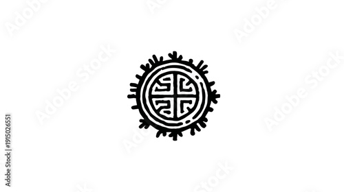 A monochrome illustration features a stylized, circular design with an inner cross motif