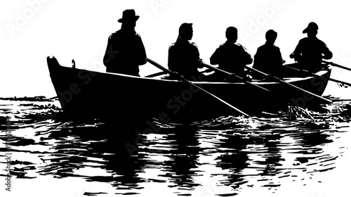 Black and white illustration depicts a rowboat with five figures silhouetted against a white background