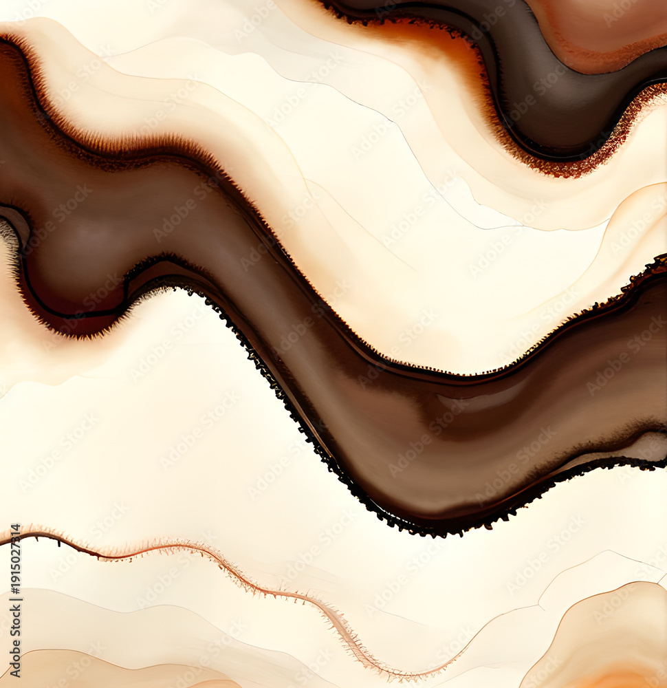 Obraz premium Dynamic mocha mousse brown silk satin fabric waves flowing gently. Modern trendy tone hue shade wavy shapes design for business card,detailed organic black,wall texture banner wall,overlapping layers