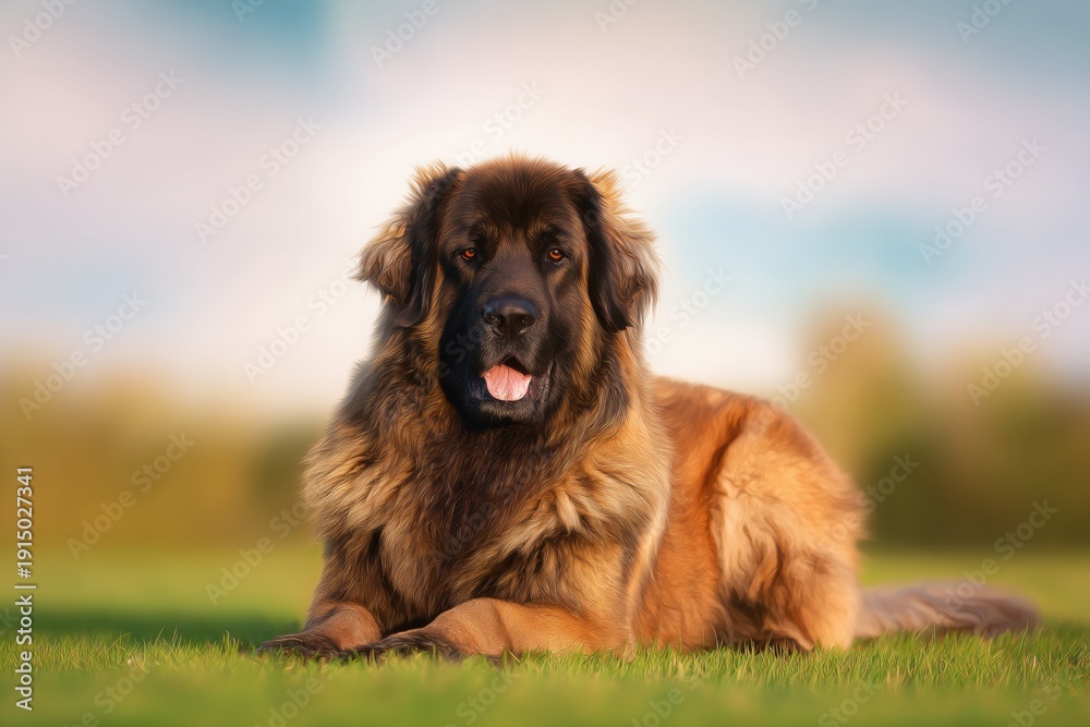 Obraz premium Fluffy Leonberger dog rests peacefully on green grass under a bright sky during a sunny afternoon