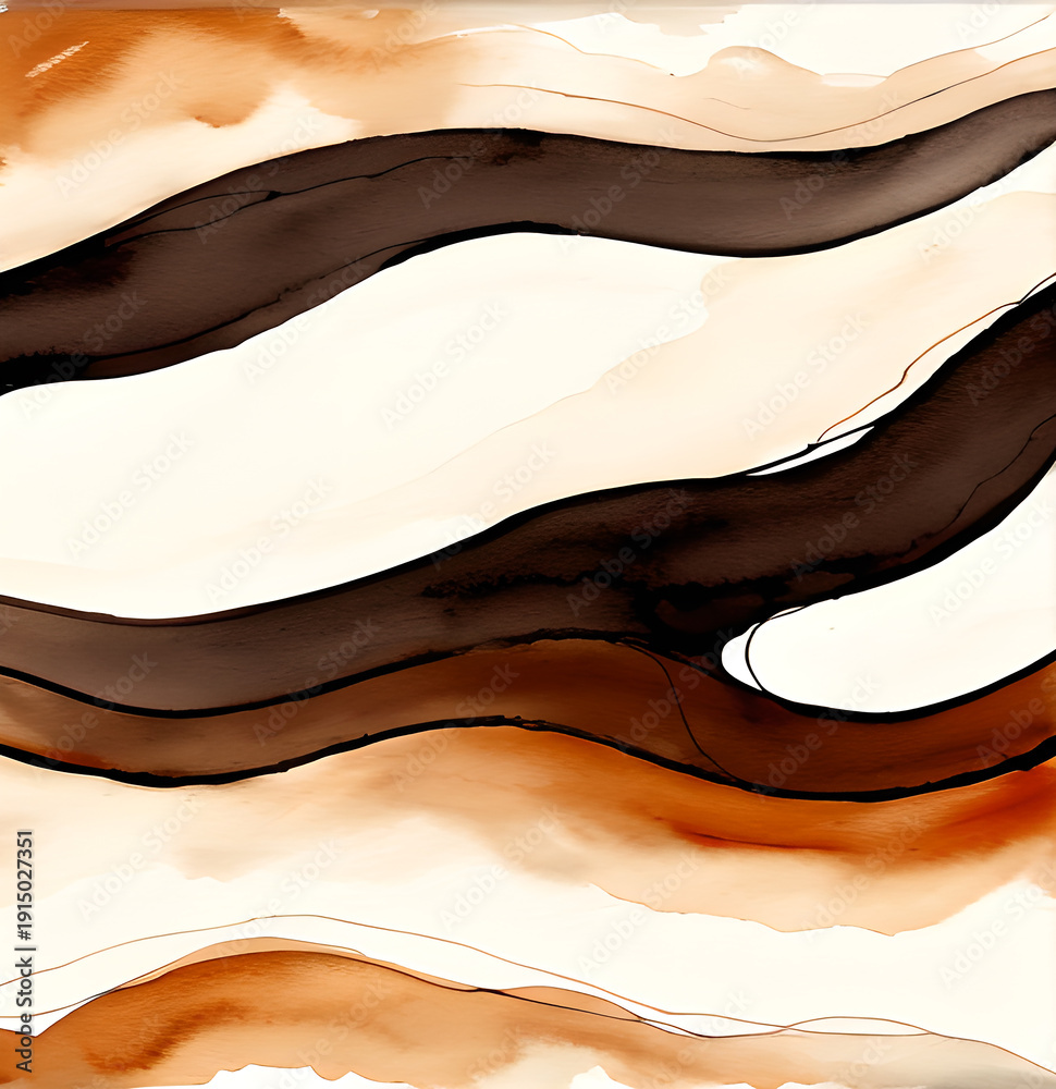 Obraz premium Dynamic mocha mousse brown silk satin fabric waves flowing gently. Modern trendy tone hue shade wavy shapes design for business card,detailed organic black,wall texture banner wall,overlapping layers