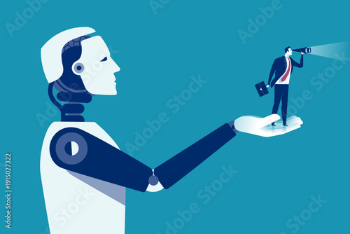 A businessman scanning the horizon with binoculars, raised with a robot symbolizing help of artificial intelligence. Visionary leadership and success. Concept business illustration
