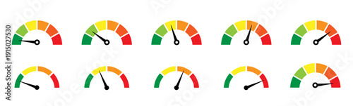 Risk meter icon set. Risk concept on speedometer. Set of gauges from low to high.  Vector illustration.