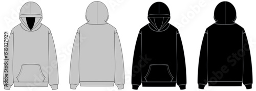 Hoodie front and back template, clean sweatshirt mockup design for fashion, detailed apparel outline, CAD drawing flat vector illustration for design