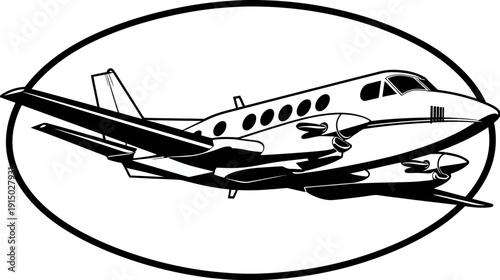 Black and white illustration of a twin-engine aircraft inside an oval frame, with propellers