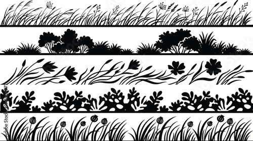 Grass, lawn, wild flowers, leaves black silhouette seamless dividers. Spring meadow, floral garden horizontal border landscape element vector set