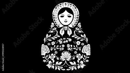 Black and white illustration of a Matryoshka doll adorned with floral patterns and a lace bonnet