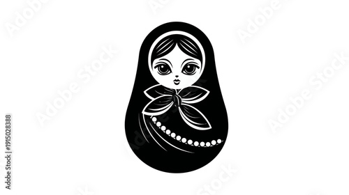 A monochrome illustration of a Matryoshka doll with a detailed face and a bow
