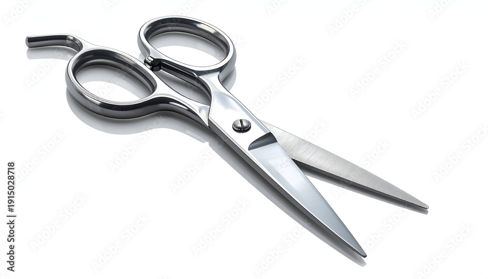 Obraz premium Shiny, steel scissors lie open on a white surface, reflecting light