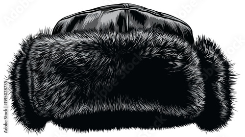 A grayscale, detailed illustration depicts a classic winter hat with fur trim