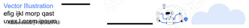 Data storage, cloud services, digital communication, networking, innovation, online technology. Cloud with digital icons and connections. Data storage and cloud services concept